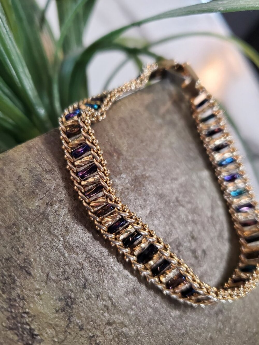 Premier Designs Bracelet Vintage Gold Tone with Purple & Blue Jewels